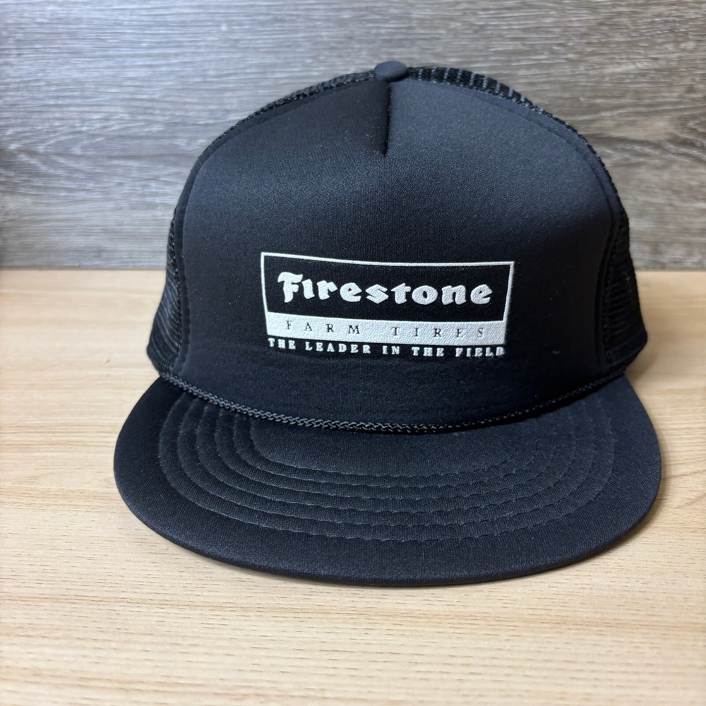 Vintage Firestone Hat Cap Snapback Black Trucker Farm Tires Farming Outdoors